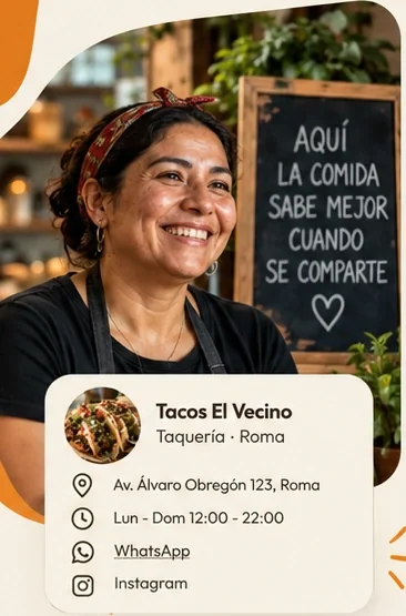 Dueña de un negocio y ejemplo de información de ubicación, horarios y contacto