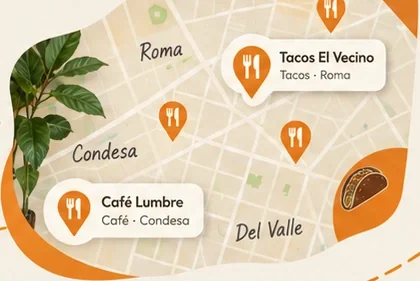 Mapa conceptual con lugares de comida en Roma, Condesa y Del Valle