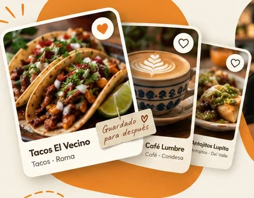 Selección ilustrativa de tacos y cafeterías guardados como favoritos