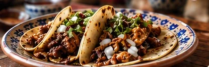 Tacos servidos en un plato de cerámica tradicional