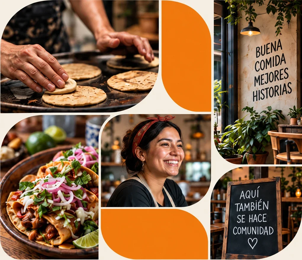 Manos preparando tortillas, antojitos y personas que dan vida a nuestros negocios locales