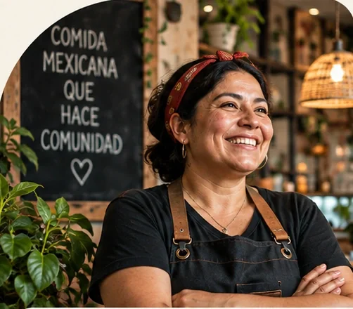 Dueña de un restaurante local en su negocio